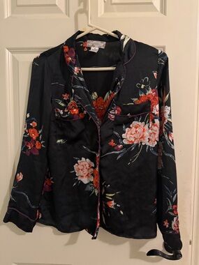 Band of Gypsies Black Floral Top with Red and Green Accents